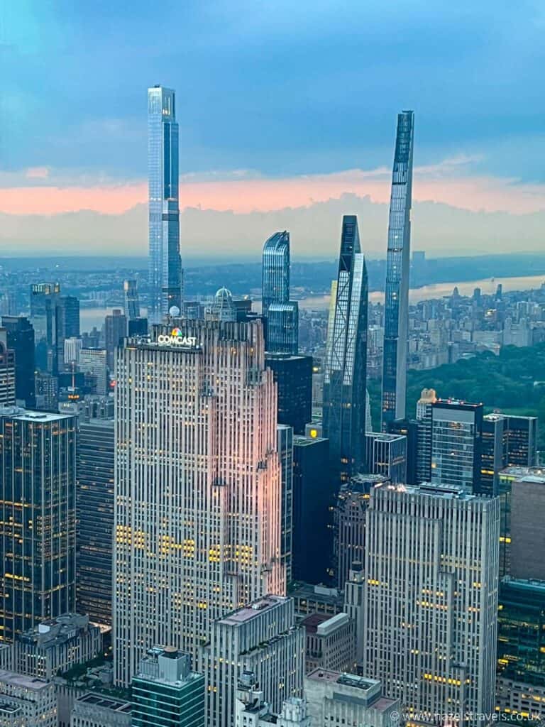 View towards Central Park from Summit One Vanderbilt observation deck in NYC at sunset. 