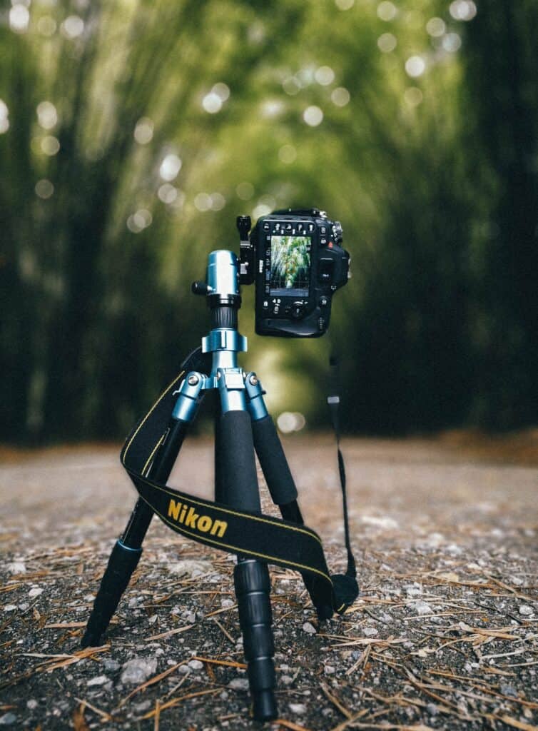 A Nikon camera on a tripod is set up on a forest path, with blurred green trees in the background.