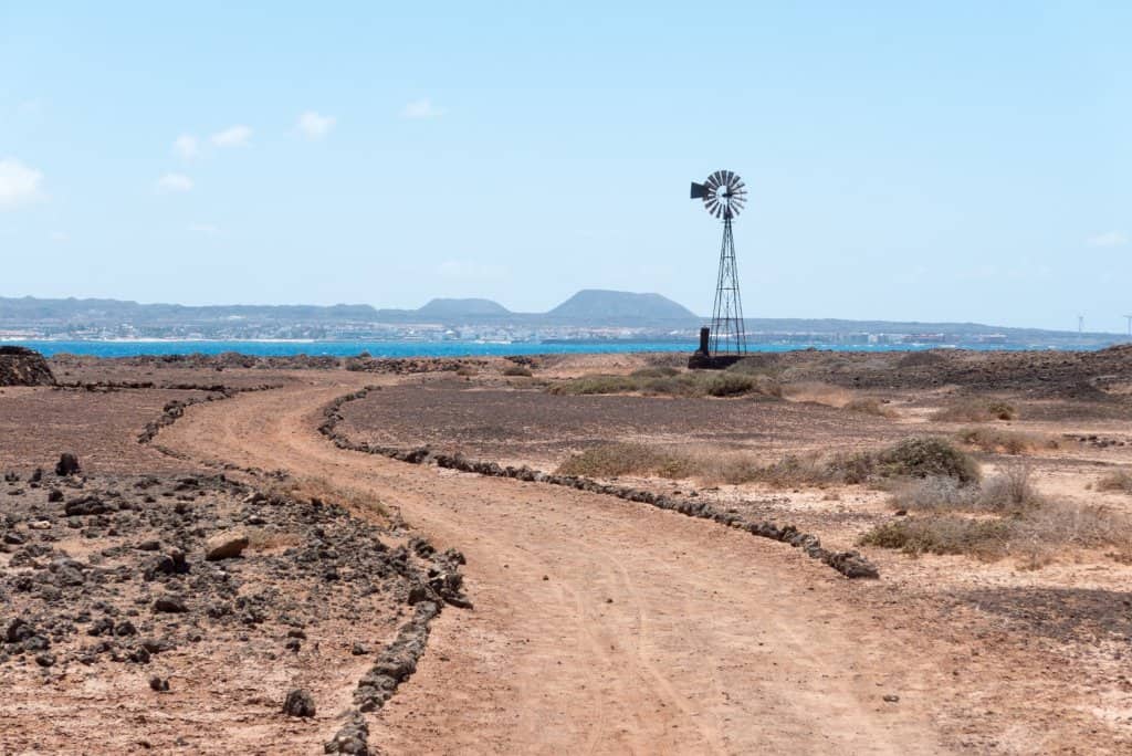 Beige and brown volcanic landscape with sand trails and volcanic cones in the distance.