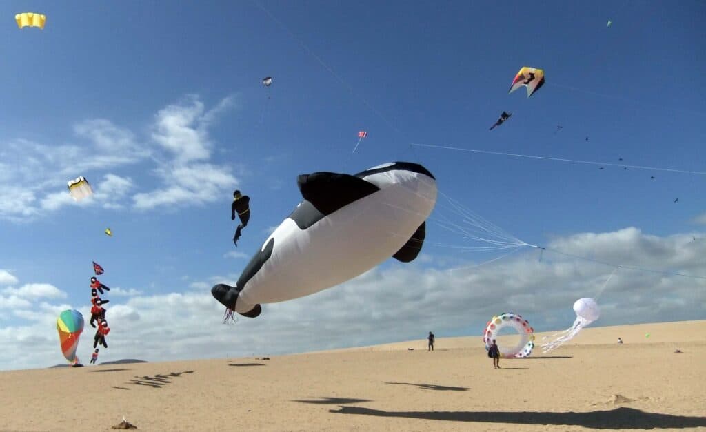Large kites and novelty kites are flown on a beacj with yellow sand and blue sky