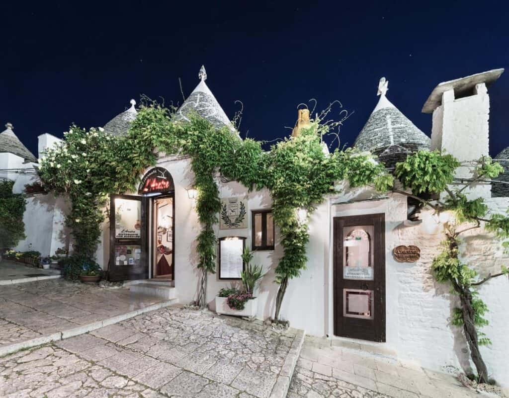 White building with conical rooftops covered in leafy vines, under a starry night sky. Stone pathway leads to an arched entrance with a sign.