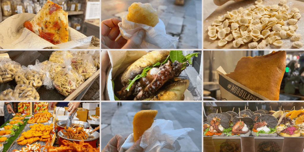 A collage of various Italian street foods, including pizza, sandwiches, pasta, fried snacks, and skewers, is artfully presented in different settings reminiscent of Alberobello's charming streets in Puglia.