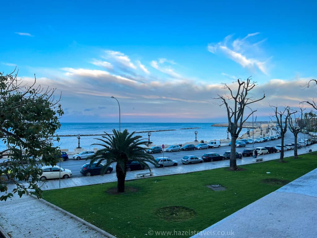 Coastal road lined with cars, palm trees, and leafless trees beside a calm sea under a clear blue sky with scattered clouds.