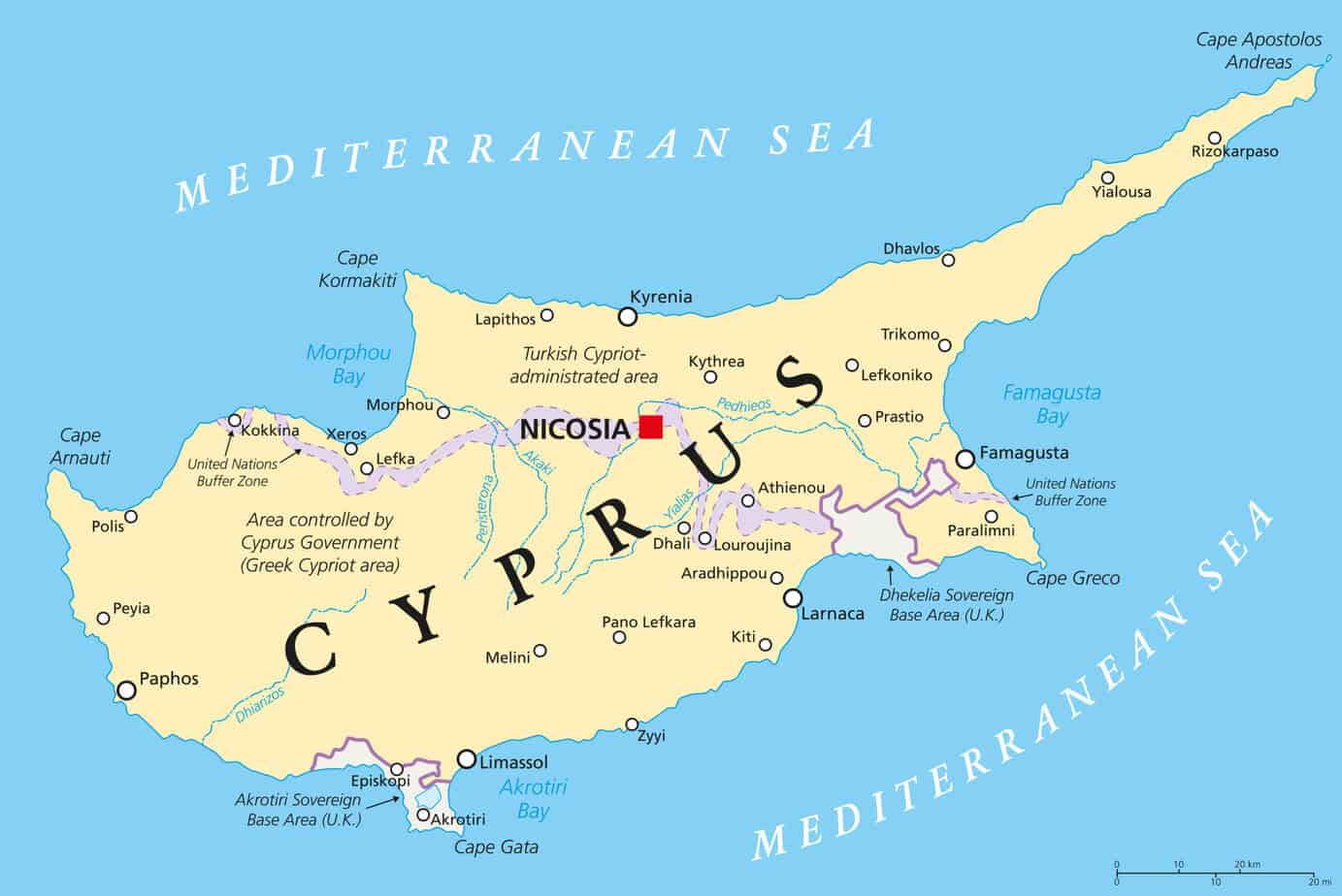 Map of Cyprus showing major cities, regions, and the surrounding Mediterranean Sea, with areas controlled by the Cyprus Government and Turkish Cypriot Administration marked, including the location of the Famagusta border crossing.