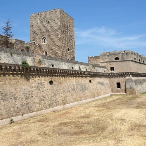 A stone fortress with high walls and a central tower under a clear blue sky. The dry grass surrounds the fort's base.