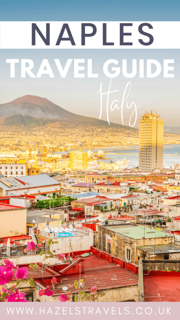 Experience the vibrant Naples travel guide, showcasing colorful rooftops and the majestic Mount Vesuvius in the background, with a captivating text overlay: "Naples Travel Guide, Italy.