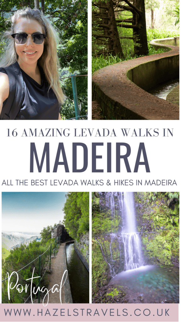 Collage featuring a woman in sunglasses, forest paths, a levada, a waterfall, and text about exploring the 16 charming levada walks in Madeira, Portugal.
