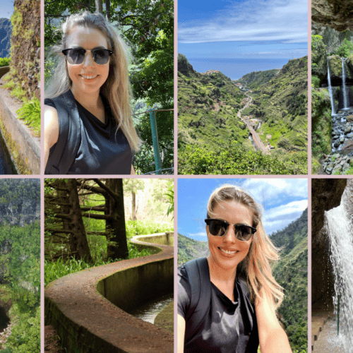 A collage of pictures showcasing a woman enjoying Levada walks in Madeira.