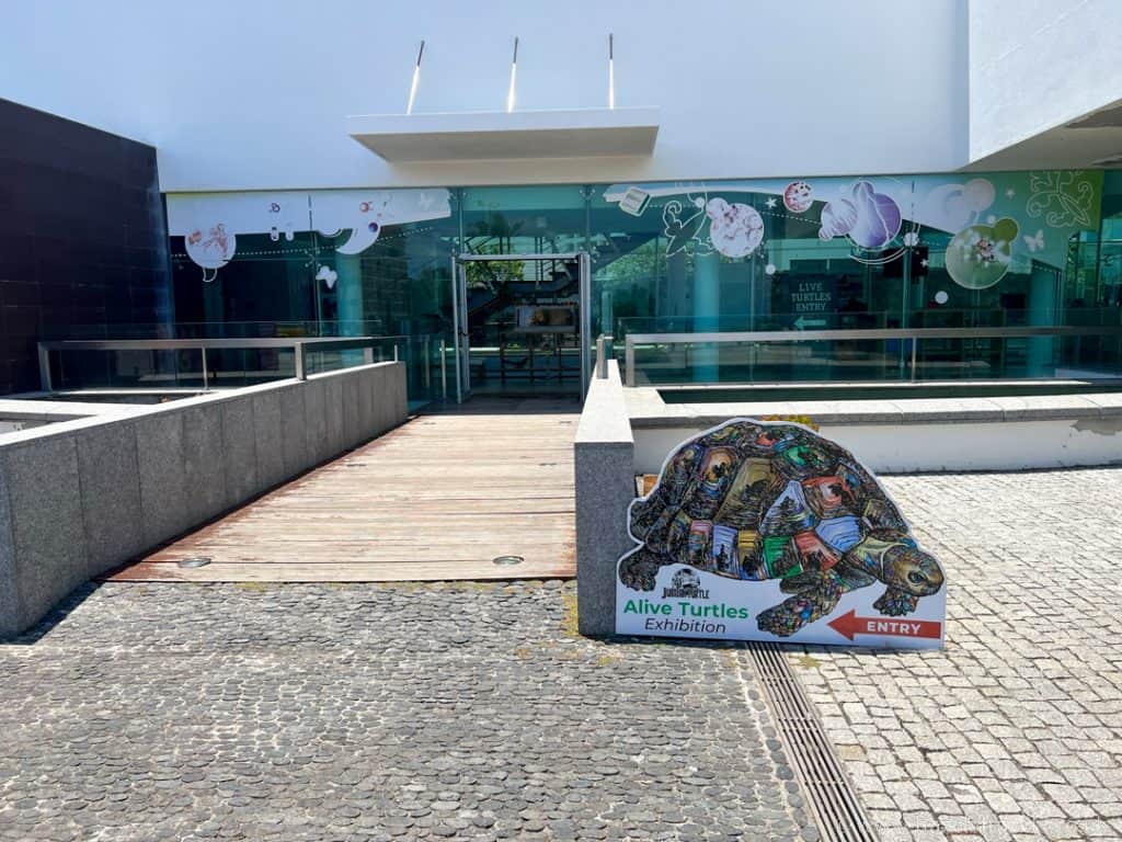 Entrance to a live turtles exhibition featuring a colorful turtle statue and signage in Porto Moniz Madeira.