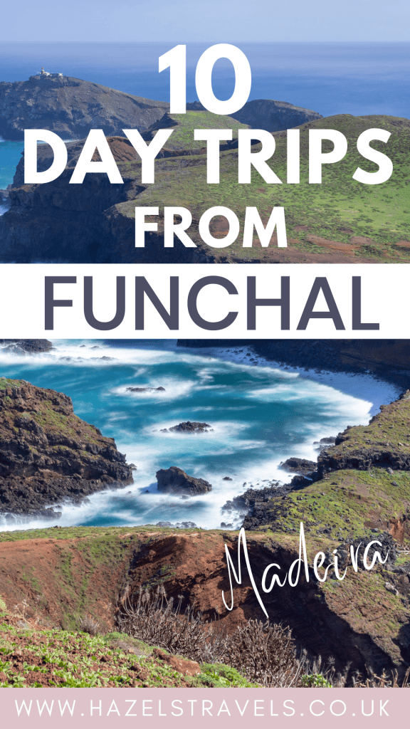 Promotional travel poster for "10 day trips from funchal, madeira" featuring scenic coastal views.