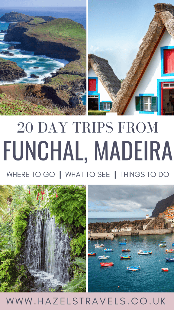 Promotional travel poster highlighting 20 day trips from funchal, madeira with scenic photos of landscapes and attractions.