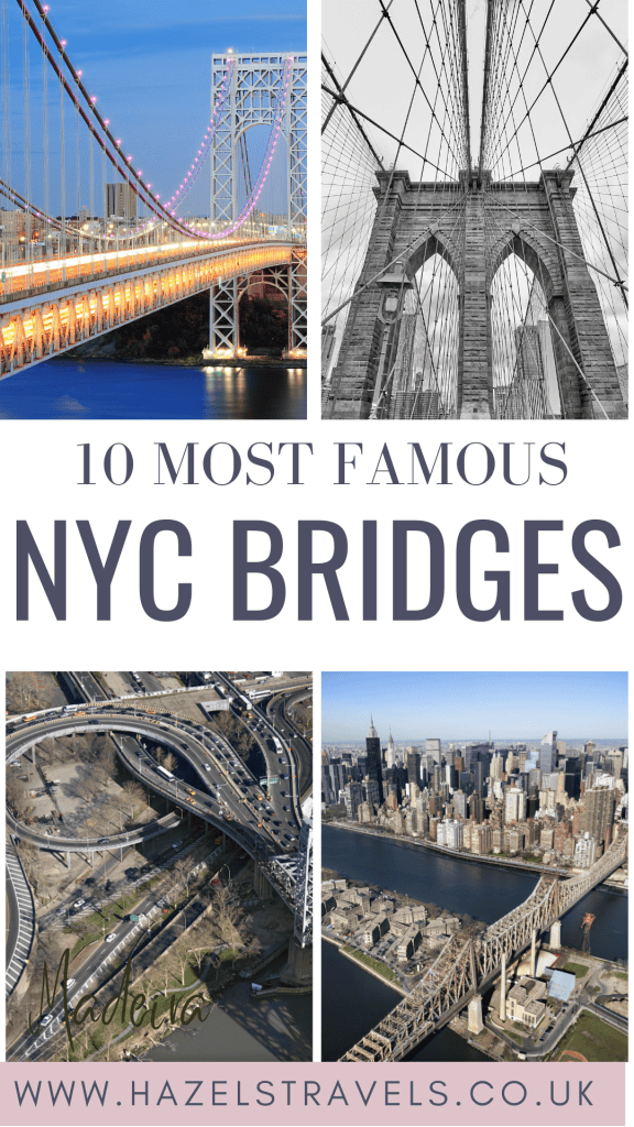 Collage of four images featuring famous nyc bridges including night views and aerial shots, with text "10 most famous bridges in new york city" at the top.