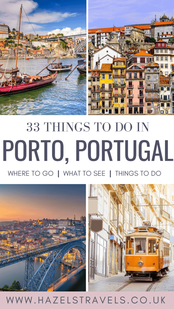 Travel poster featuring four images of porto, portugal, including scenic views of the city, boats on the river, historic streets, and a tram, with text "33 things to do in porto, portugal.