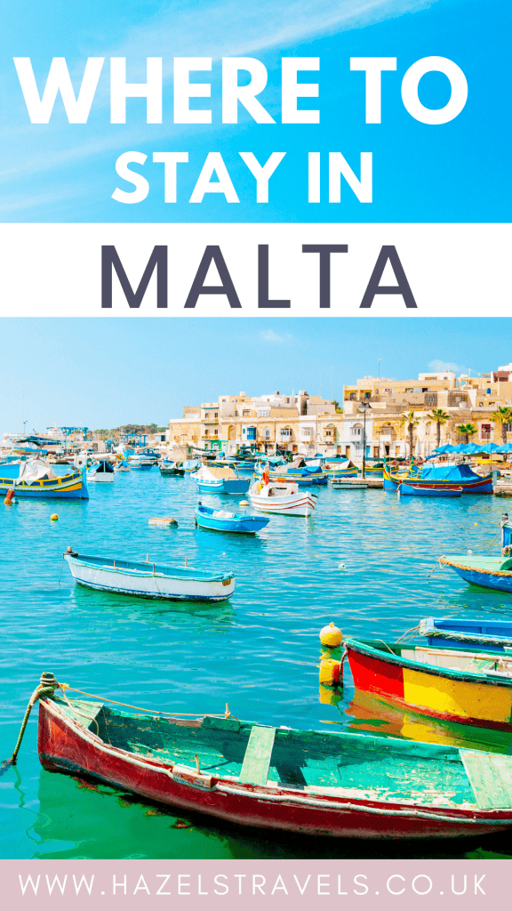A picturesque harbor in Malta with colorful boats and coastal buildings, accompanied by text that reads "Where to Stay in Malta" and a website URL at the bottom.