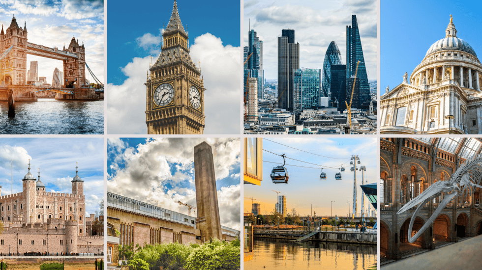 collage of Top Tourist Attractions in London banner image.