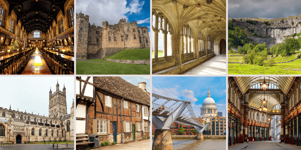 Collage of diverse UK landmarks: historic library, castle, cloister, limestone gorge, cathedral, cottage, modern bridge with domed building, and ornate indoor market—all echoing the magical charm of Harry Potter locations in England.