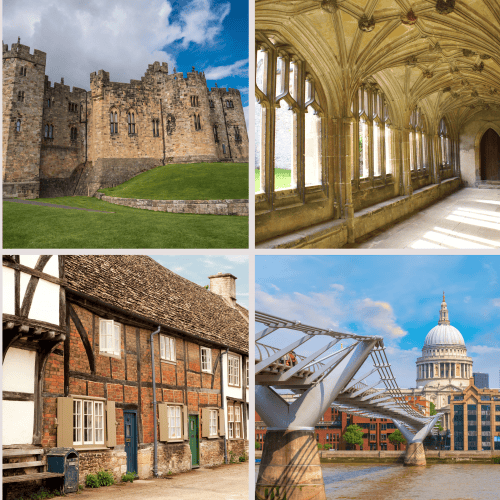 Collage of diverse UK landmarks: historic library, castle, cloister, limestone gorge, cathedral, cottage, modern bridge with domed building, and ornate indoor market—all echoing the magical charm of Harry Potter locations in England.