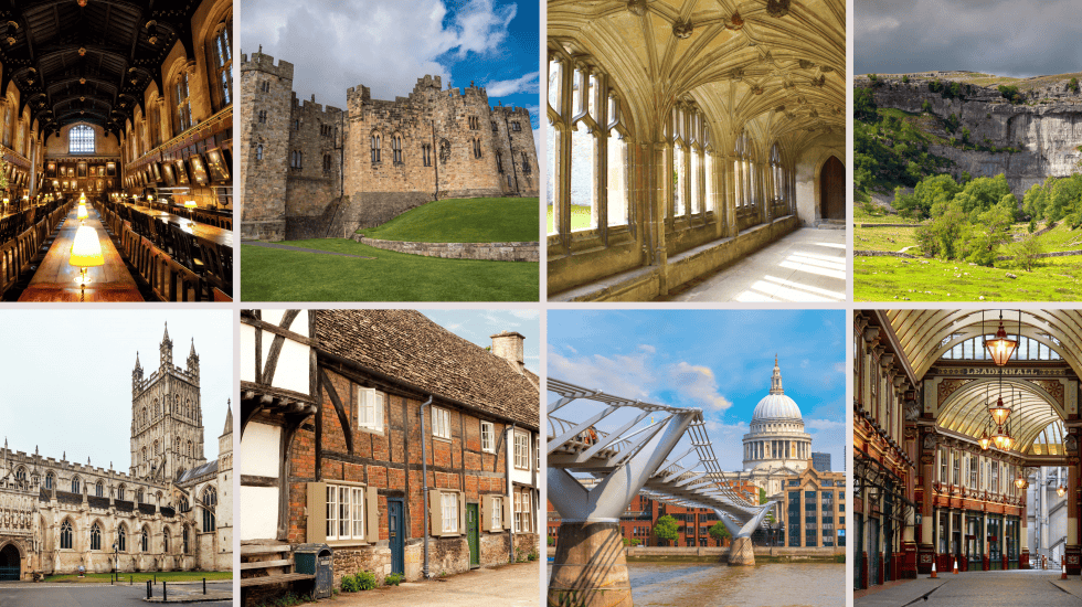 Collage of diverse UK landmarks: historic library, castle, cloister, limestone gorge, cathedral, cottage, modern bridge with domed building, and ornate indoor market—all echoing the magical charm of Harry Potter locations in England.