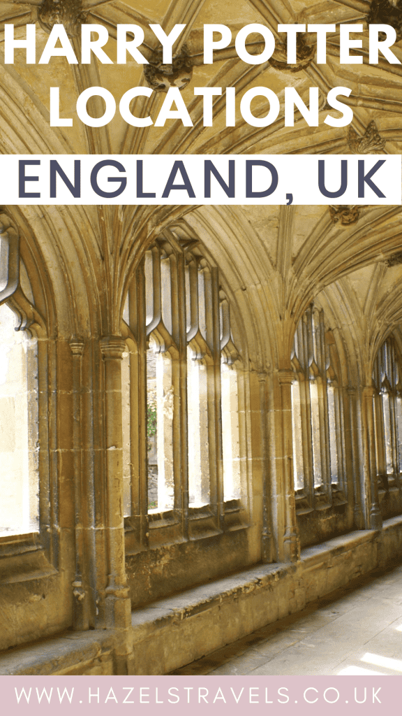 Stone cloister with arched windows in England, associated with Harry Potter locations in England.