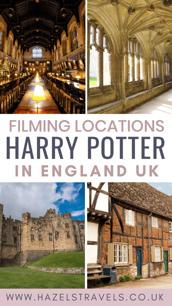 Collage of four images showing Harry Potter locations in England, UK, including a dining hall, cloisters, castle, and a timber-framed house, with website link below.