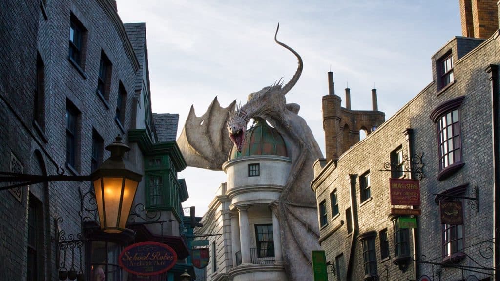 A film set in Warner Bros Studios from Harry Potter. A dragon sits on top of a building.