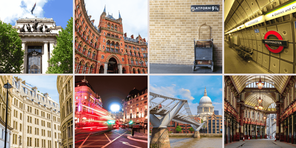 A collage of London landmarks including a historic building, Harry Potter locations in London like Platform 9¾, St. Pancras station, Westminster station, a street view, a night scene, Millennium Bridge, and Leadenhall Market.