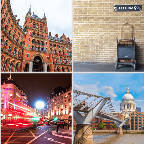 A collage of London landmarks including a historic building, Harry Potter locations in London like Platform 9¾, St. Pancras station, Westminster station, a street view, a night scene, Millennium Bridge, and Leadenhall Market.