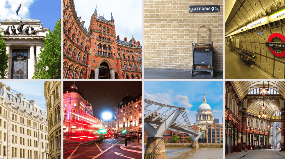 A collage of London landmarks including a historic building, Harry Potter locations in London like Platform 9¾, St. Pancras station, Westminster station, a street view, a night scene, Millennium Bridge, and Leadenhall Market.