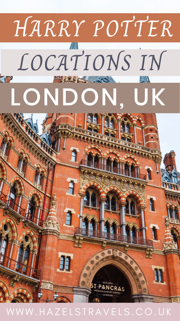 St. Pancras Renaissance Hotel in London, known for its architectural beauty, featured in "Harry Potter." Text overlays promoting travel to Harry Potter locations in London.