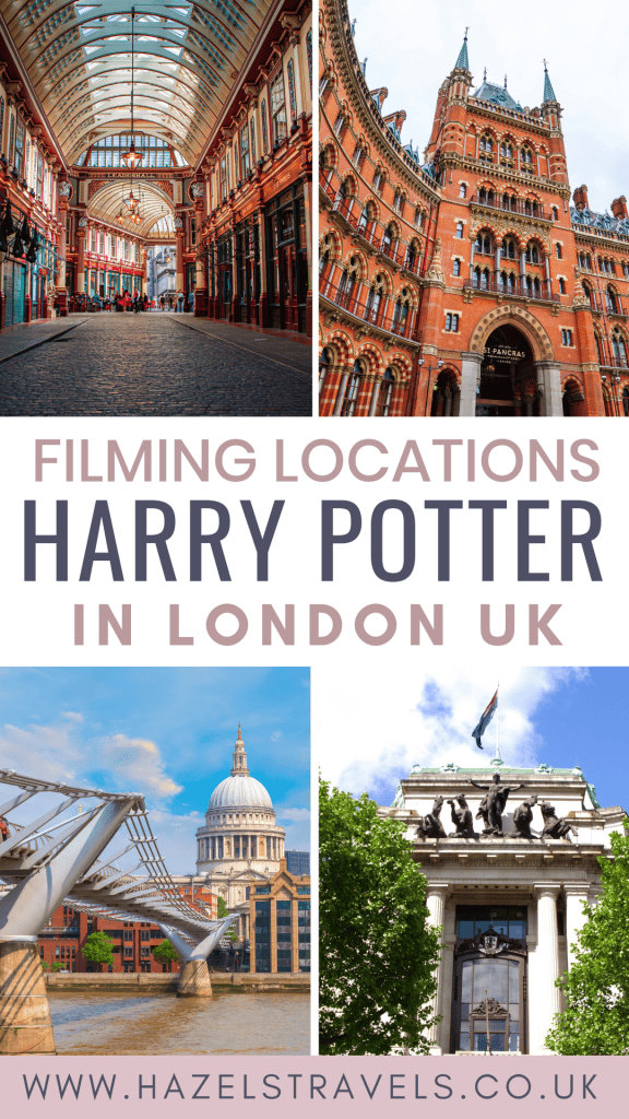 Collage of London filming locations with a focus on "Harry Potter" scenes, including iconic architecture. Text includes "Harry Potter Locations in London UK" and a website link at the bottom.