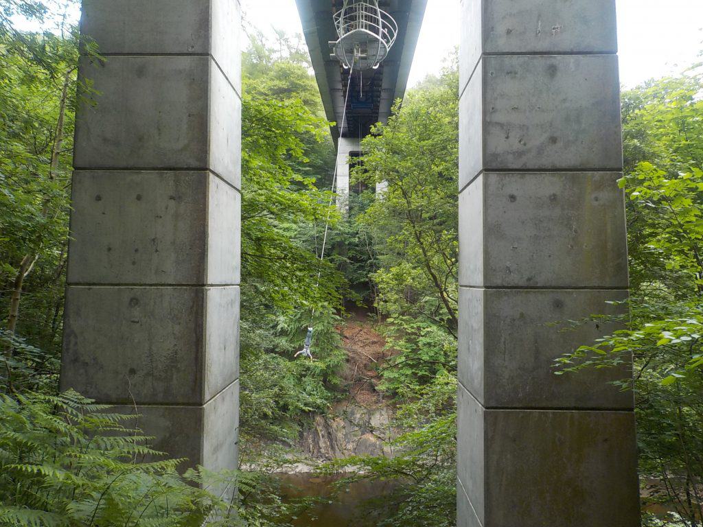 Two large concrete bridge pillars vertically frame a view of lush green trees and a small rocky stream below.