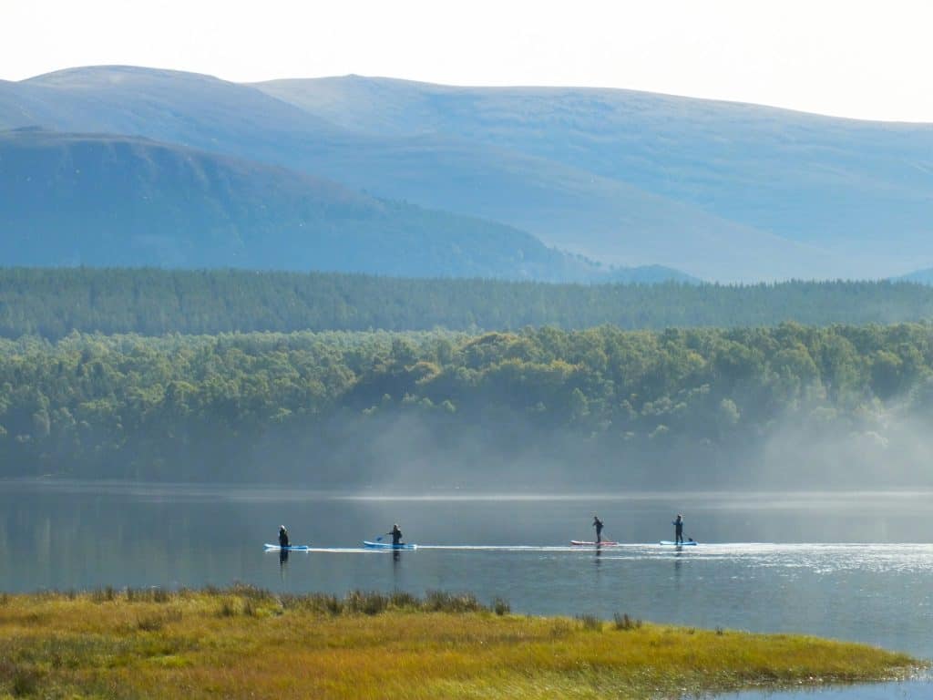 Four people paddleboarding on a calm loch near Aviemore (Scotland) with a forest and misty mountains in the background.