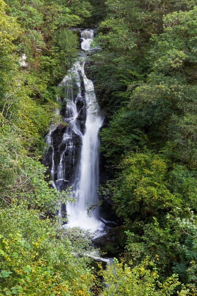 A tall waterfall cascades down a rocky cliff surrounded by lush green foliage.