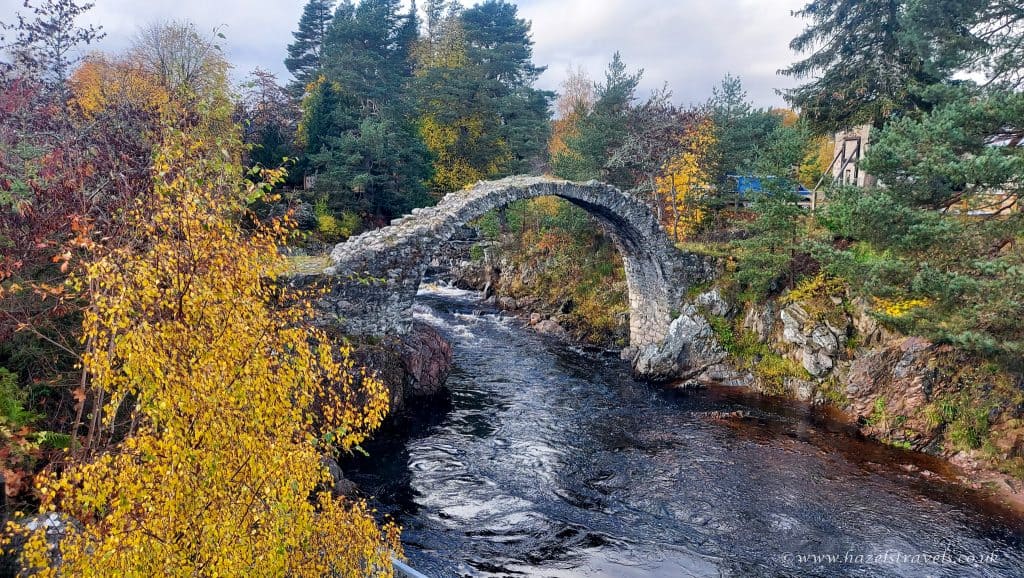 Ancient stone bridge arches over a flowing river surrounded by autumn trees and dense forest.