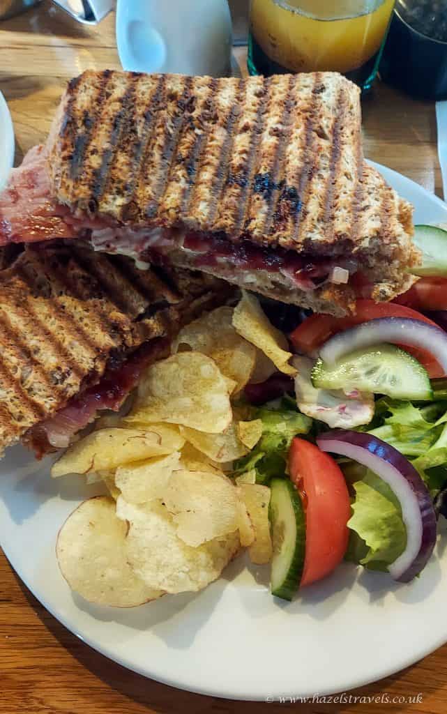 A grilled sandwich with jam and meat is served on a plate with potato chips and a side salad of lettuce, tomatoes, cucumber, and red onion.