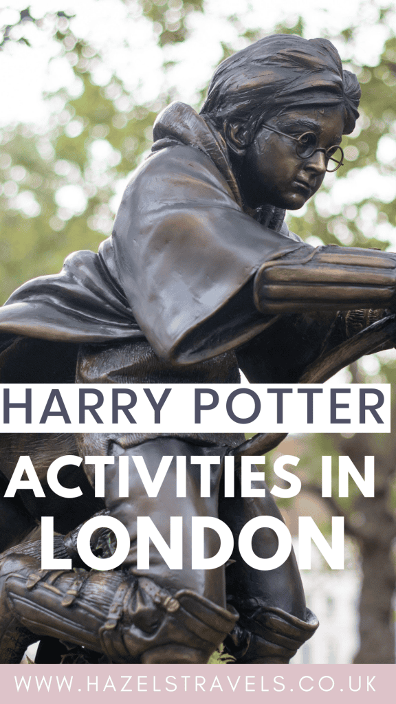 Bronze statue of a person wearing glasses and a cloak, holding a broomstick. Text overlay says, "Harry Potter Activities in London.