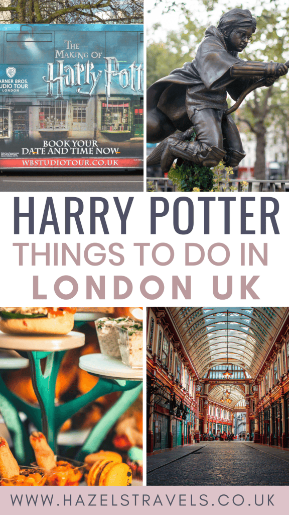 Collage promoting Harry Potter attractions in London, UK: includes a studio tour sign, a sculpture, colorful mushrooms, and an indoor market. Website: hazelstravels.co.uk.