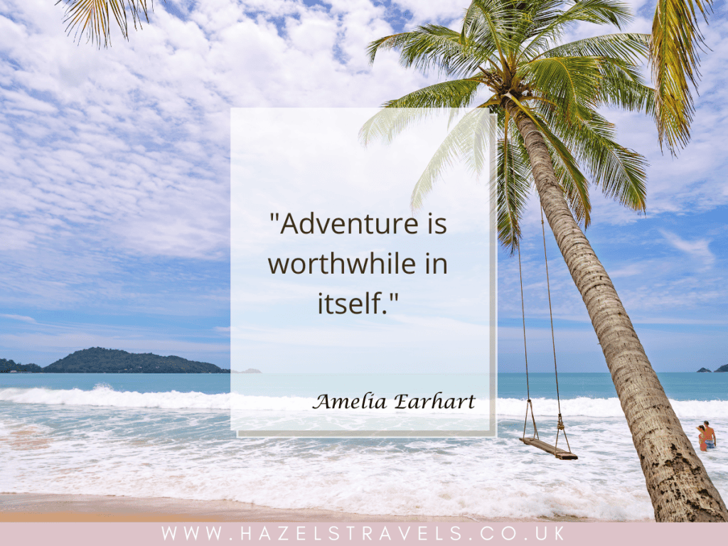 A palm tree with a swing overlooks a beach with waves. The sky is partly cloudy. A solo female travel quote in the center reads "Adventure is worthwhile in itself." Website link at the bottom.