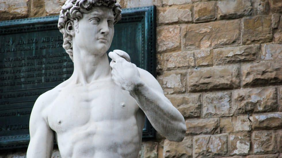 Marble statue of a muscular male figure, depicted from the chest up, standing against a stone wall with a plaque in the background. Michaelangelo's david.