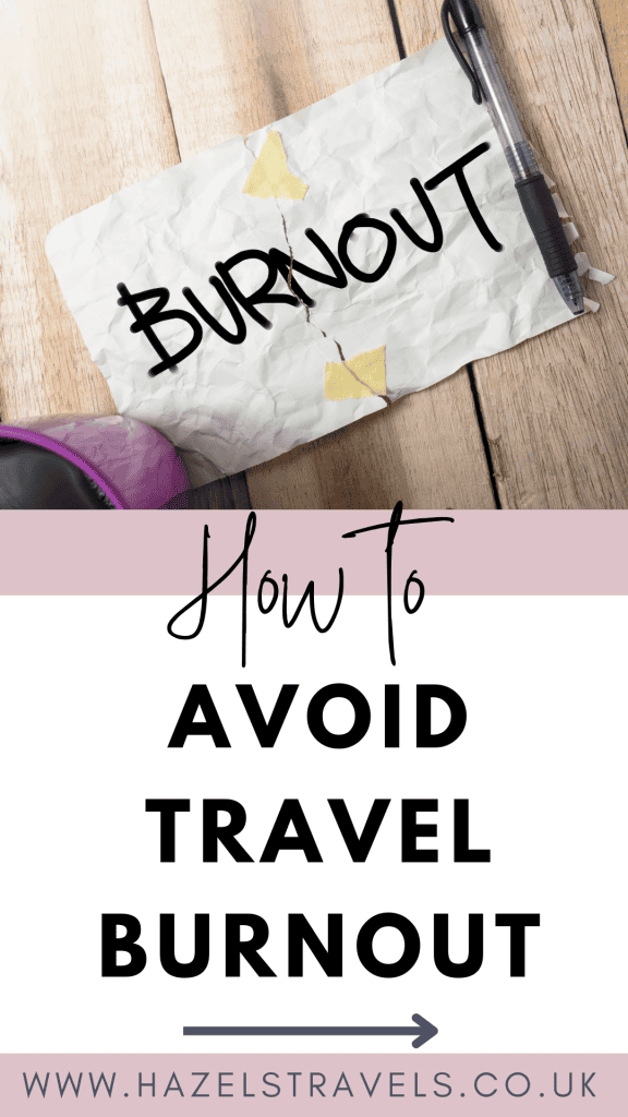 Crumpled paper with "Burnout" next to a pen on wood; text below reads "How to Avoid Travel Burnout" with a website link.