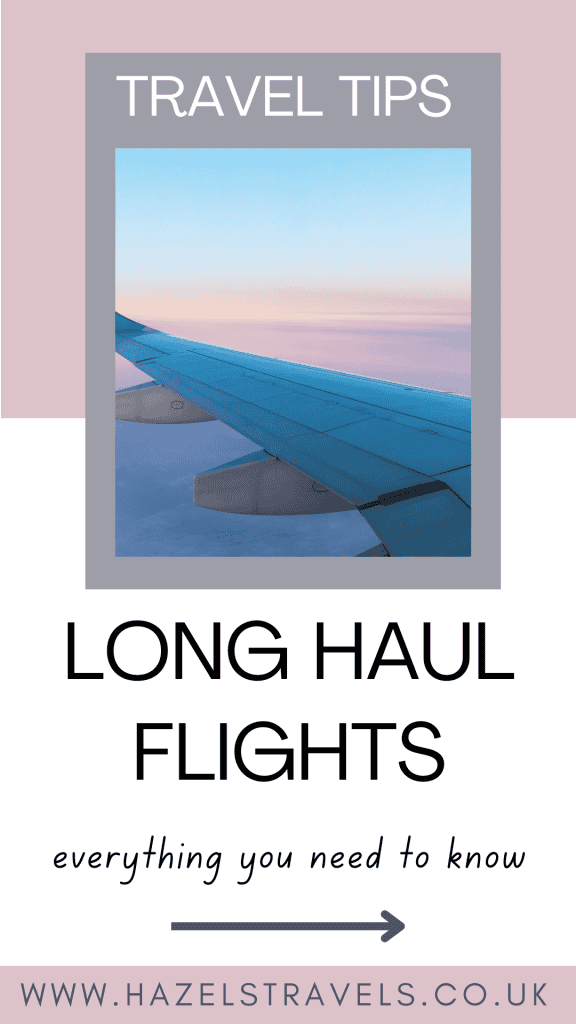 Airplane wing over clouds at sunrise, accompanied by text: "Long Air Travel Tips: Long Haul Flights, everything you need to know." Website: www.hazelstravels.co.uk.