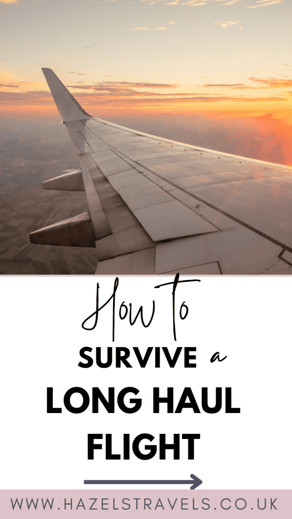 Airplane wing with sunset view and text: "How to Survive a Long Haul Flight" and " Long air travel tips" with website link below.