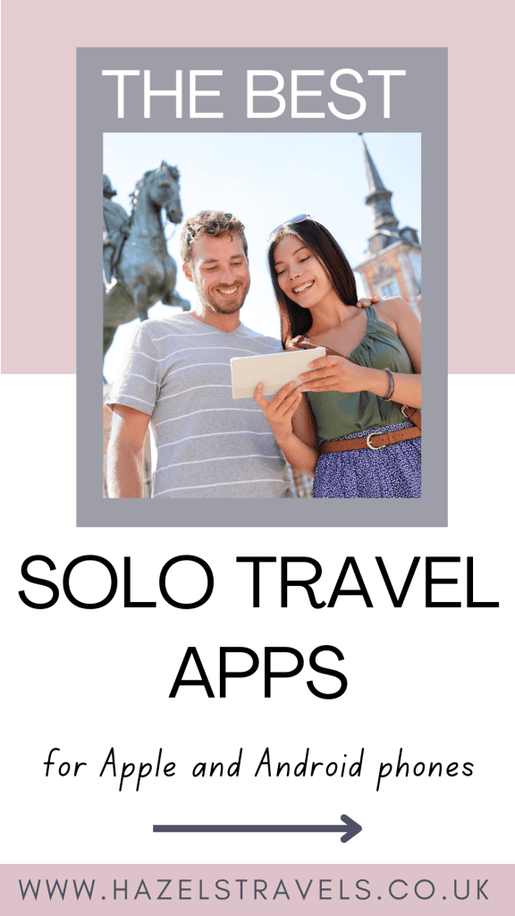 A man and woman look at a tablet in a promotional image for solo traveller apps, with a website link at the bottom.