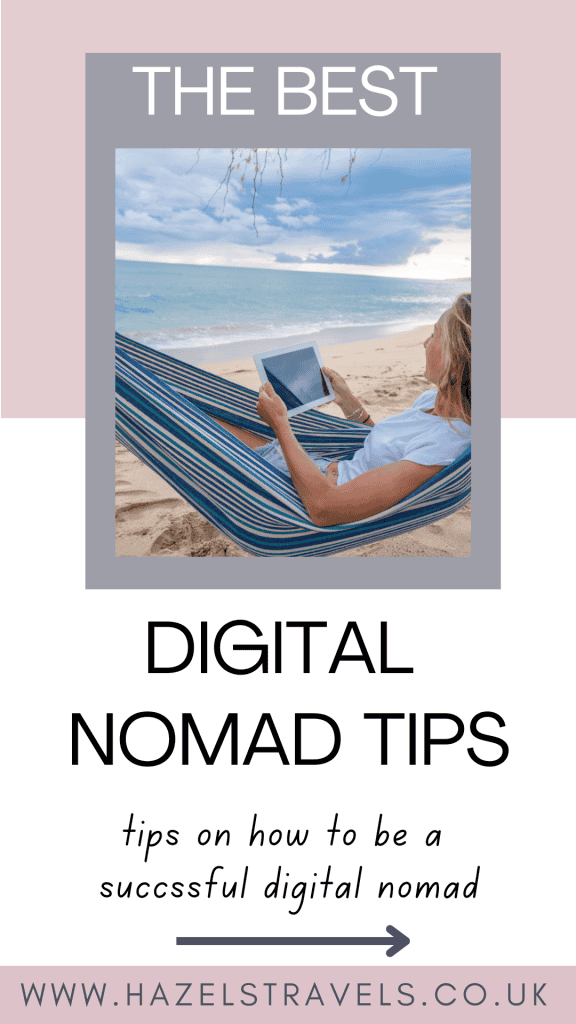 Person in a hammock on a beach using a tablet, with the text "THE BEST DIGITAL NOMAD TIPS" and a website URL below.