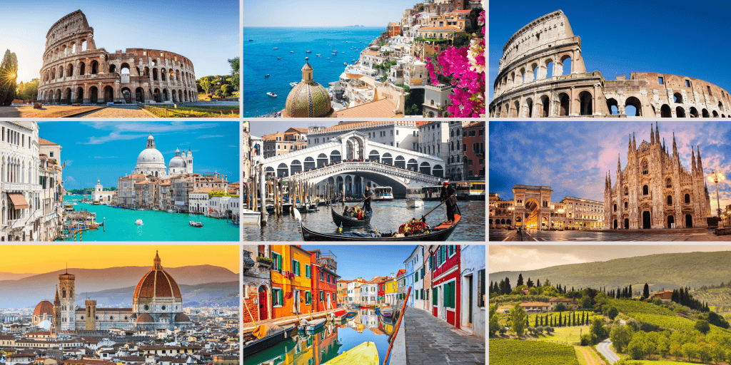 Collage of famous Italian landmarks: Colosseum, Positano, Roman Forum, Venice canals, Rialto Bridge, Milan Cathedral, Florence Cathedral, colorful Burano houses, and Tuscan vineyards.