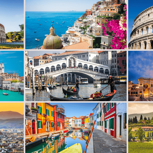Collage of famous Italian landmarks: Colosseum, Positano, Roman Forum, Venice canals, Rialto Bridge, Milan Cathedral, Florence Cathedral, colorful Burano houses, and Tuscan vineyards.