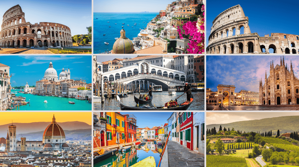Collage of famous Italian landmarks: Colosseum, Positano, Roman Forum, Venice canals, Rialto Bridge, Milan Cathedral, Florence Cathedral, colorful Burano houses, and Tuscan vineyards.
