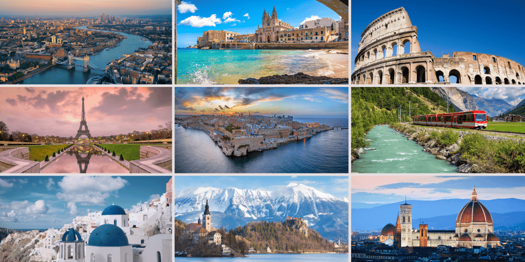 Collage of European landmarks: London, Valletta, Rome, Paris, Dubrovnik, Swiss Alps train, Santorini, Lake Bled, and Florence.
