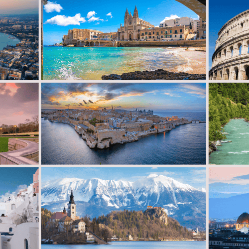 Collage of European landmarks: London, Valletta, Rome, Paris, Dubrovnik, Swiss Alps train, Santorini, Lake Bled, and Florence.