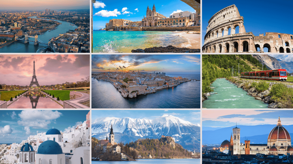 Collage of European landmarks: London, Valletta, Rome, Paris, Dubrovnik, Swiss Alps train, Santorini, Lake Bled, and Florence.